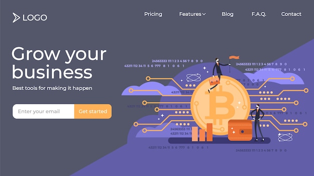 Bitcoin flat mini person vektorillustration landningssidemall design.