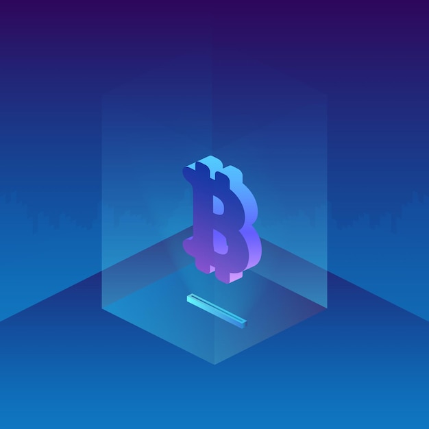 Bitcoin icon in neon light. Glass pedestal in isometric style. Vector.