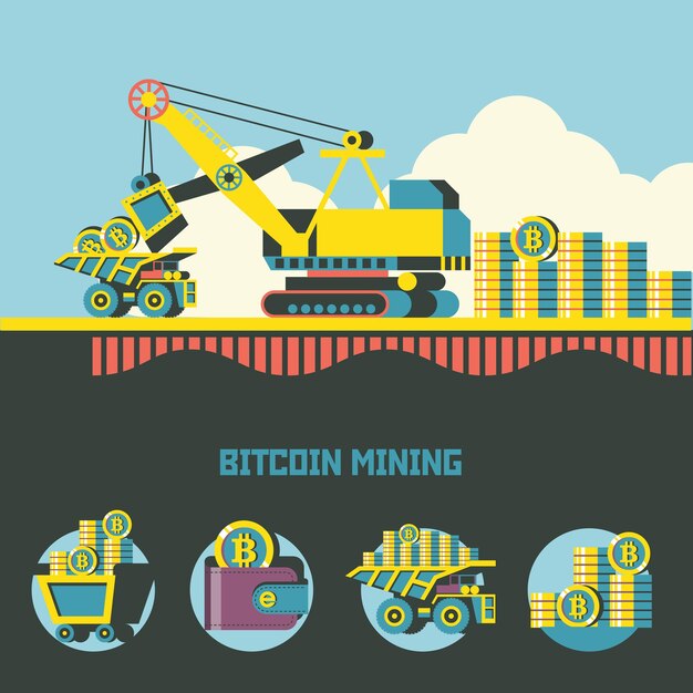 bitcoin mining. cryptocurrency. vector concept. loading bitcoins into a dump truck.