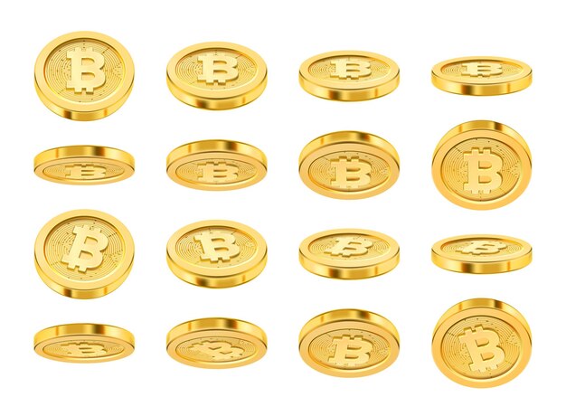 Bitcoin realistic icon in different positions