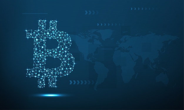 bitcoin symbol with network connection inside on blue, world map  background.