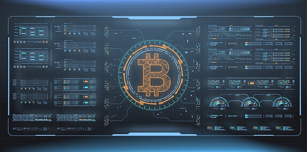 Bitcoin-teknologi abstrakt visualisering. Futuristisk estetisk design. Bitcoin-symbol med HUD-element. Futuristiskt användargränssnitt