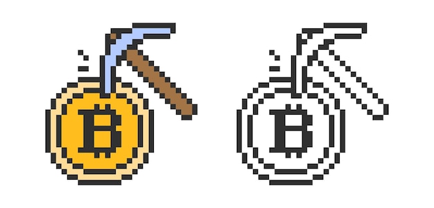 Bitcoin with pickaxe in pixel style on white background
