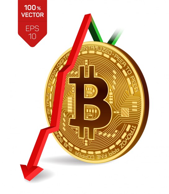 bitcoin with red arrow down. bitcoin index rating go down on exchange market.