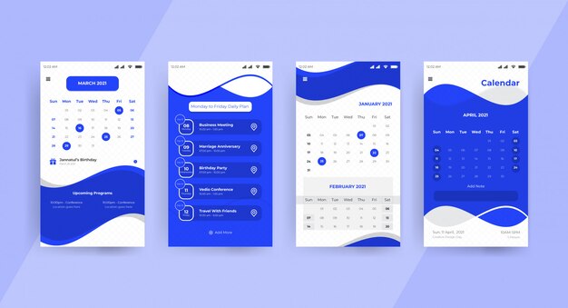 Blå kalender app UI UX konceptside