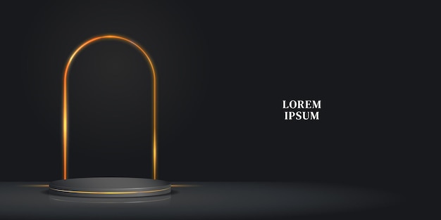 Black 3D background with a cylindrical podium and a glowing arch behind it