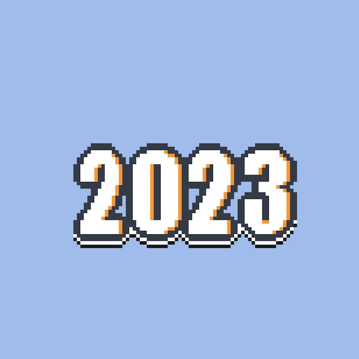 Vektör black and white 2023 year text in pixel art style