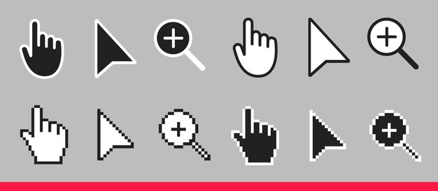 black and white arrow hand and magnifier non pixel mouse cursor icons vector illustration set
