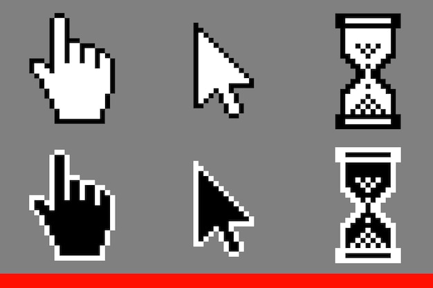 Black and white arrow pixel pixel mouse hand and hourglasses cursors icon vector illustration set