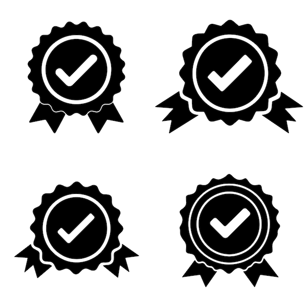 black and white badge icon set with check marks for quality approval and certification designs
