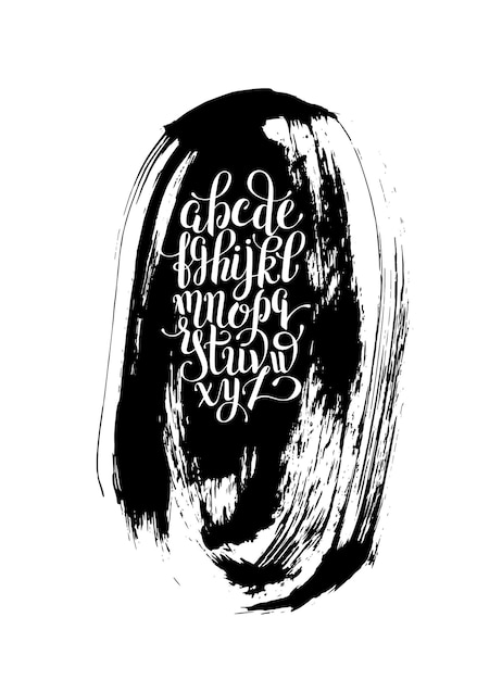 Black and white hand lettering alphabet design on brush strokes pattern handwritten brush script