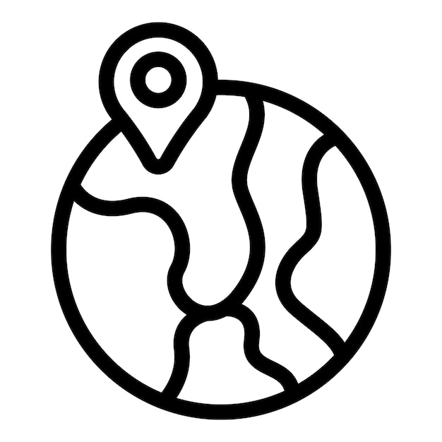 Black and white icon of a location pin marking a spot on a globe
