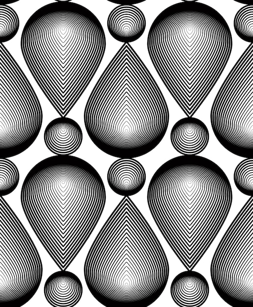Black and white illusive abstract seamless pattern with geometric figures. Vector symmetric simple backdrop.