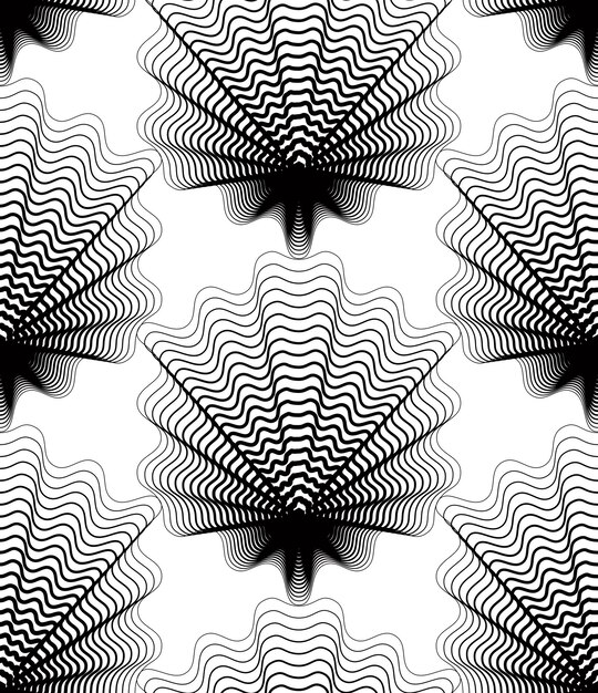 Black and white illusive abstract seamless pattern with geometric figures. Vector symmetric simple backdrop.