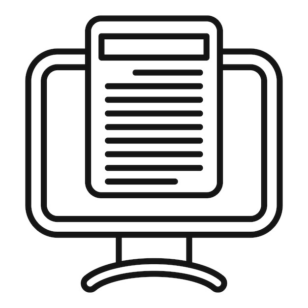 black and white line icon of a computer monitor displaying an article ideal for web use