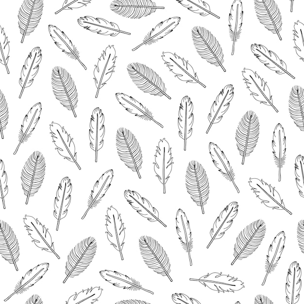 Black and white seamless pattern with hand drawn boho feathers