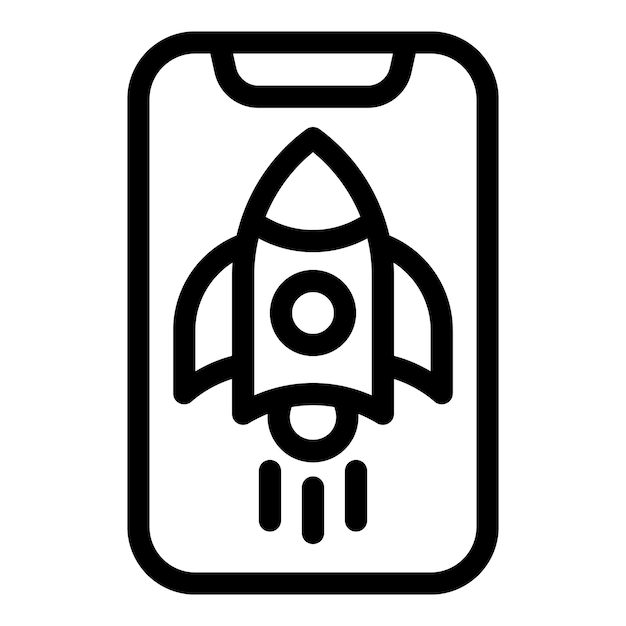Black and white vector icon of a rocket ship on a mobile phone screen