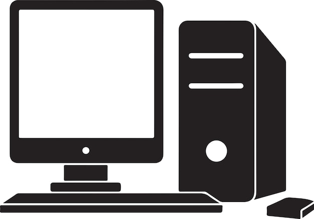 Black and white vector silhouette of desktop PC setup