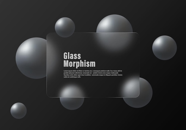 black background in glass morphism style transparent banner with spheres glass morphism effect
