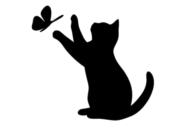 Black cat silhouette playing with butterfly vector illustration design