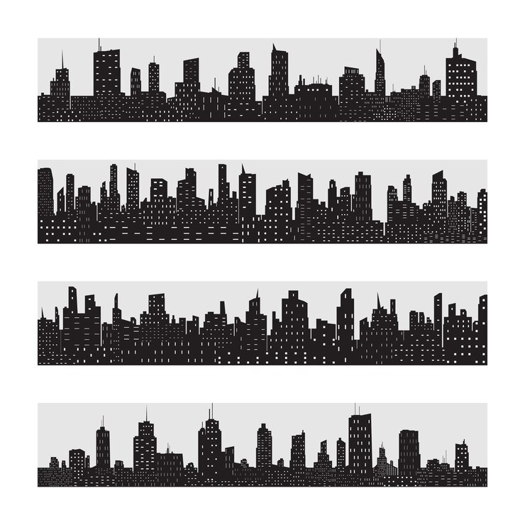 black city silhouette icon set isolated