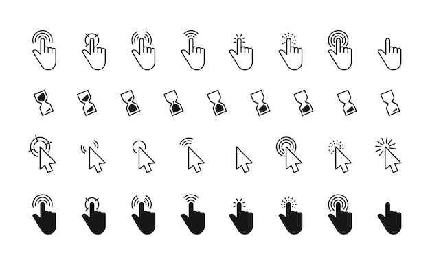 Black cursor icons Interface mouse click pointers flat style simple finger pointers computer arrow silhouettes swipe touch web buttons Vector isolated set