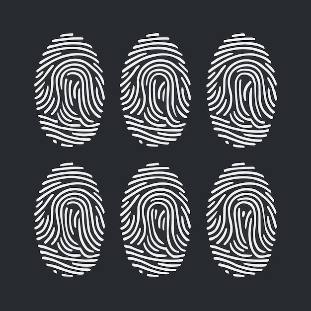 Black detailed fingerprints flat illustration set Police electronic scanner of thumb print for crim