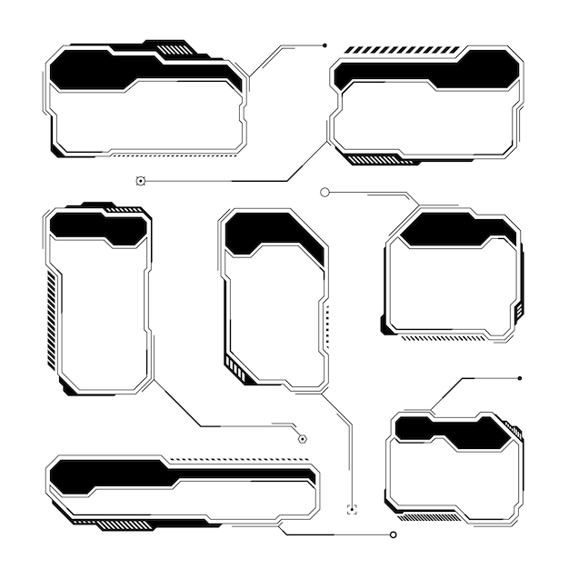 black futuristic hud or ui elements scifi user interface text boxes callouts warning message frames information boxes template modern game interface layout in digital style vector illustration