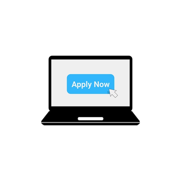black laptop with blue apply now button concept of applied to join the community or site and mobile login or follower flat cartoon style modern logo graphic art design isolated on white