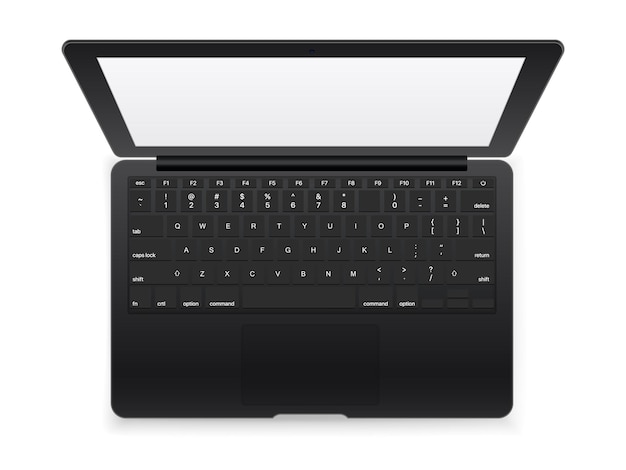 Black modern laptop   isolated on white background. Top view