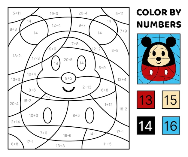 Black mouse Solve the problem color the picture Addition Subtraction Coloring book Kawaii cartoon vector Isolated vector illustration eps 10