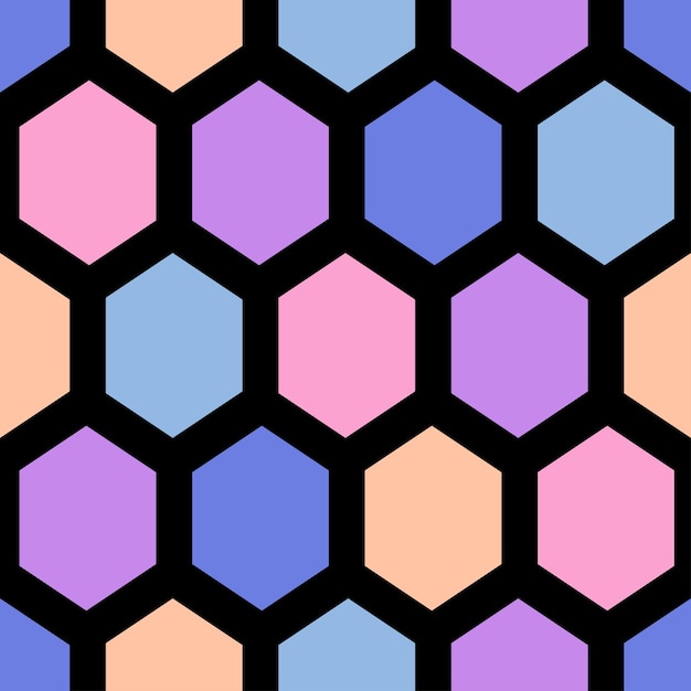 Black seamless pattern with colorful hexagon.