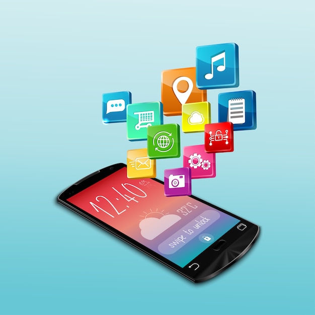 Black smartphone with application icons on white background