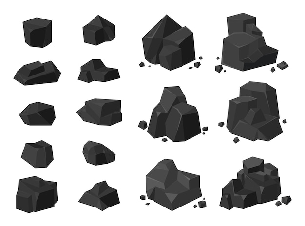 Black stones, rocks or coal flat vector illustrations set. Piles of iron ore lumps, graphite, basalt, anthracite, carbon or charcoal isolated on white background. Nature, minerals, mining concept