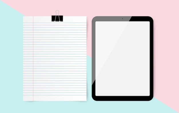 Blank digital tablet with note paper on pastel background