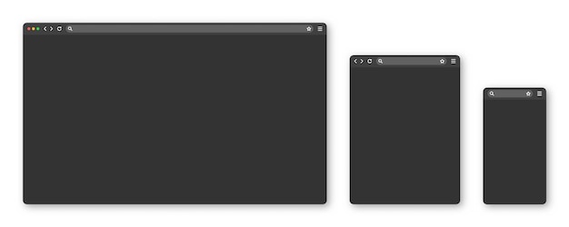 Blank web browser window with toolbar and search field Modern website internet page in flat style Browser mockup for computer tablet and smartphone Dark mode Vector illustration