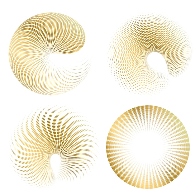 Blend Tool kullanılarak oluşturulmuş birçok ışıltılı girdabın soyut parıltılı dalgalı şeritlerinden yalıtılmış kalın vektör renkleri altın halka olan set design öğesi daire. Sunumunuz için Vektör çizimi EPS10