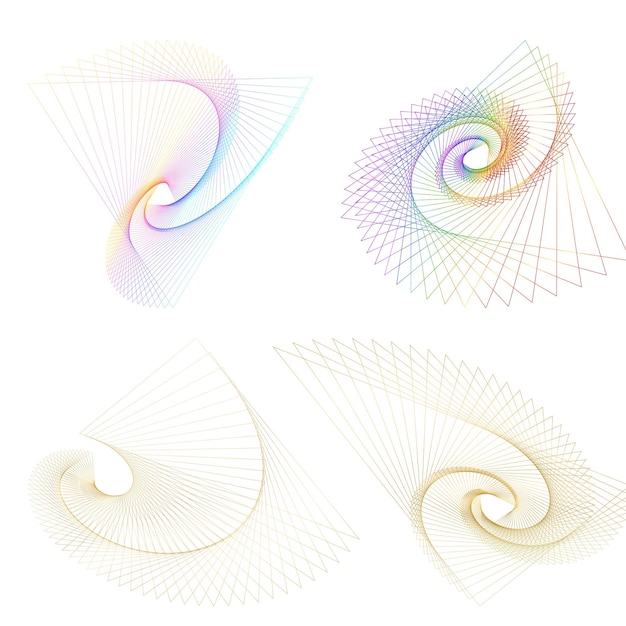 Blend Tool kullanılarak oluşturulmuş birçok ışıltılı girdabın soyut parıltılı dalgalı şeritlerinden yalıtılmış kalın vektör renkleri altın halka olan set design öğesi daire. Sunumunuz için Vektör çizimi EPS10
