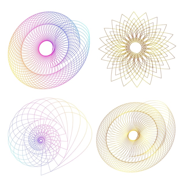 Blend Tool kullanılarak oluşturulmuş birçok ışıltılı girdabın soyut parıltılı dalgalı şeritlerinden yalıtılmış kalın vektör renkleri altın halka olan set design öğesi daire. Sunumunuz için Vektör çizimi EPS10