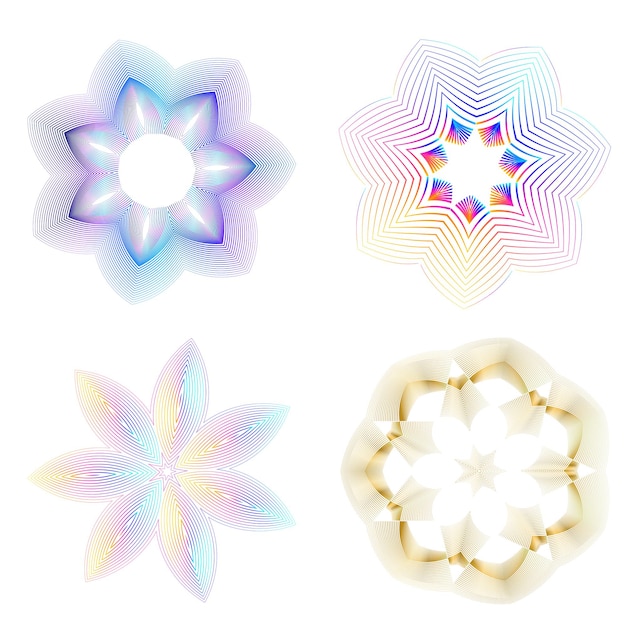 Blend Tool kullanılarak oluşturulmuş birçok ışıltılı girdabın soyut parıltılı dalgalı şeritlerinden yalıtılmış kalın vektör renkleri altın halka olan set design öğesi daire. Sunumunuz için Vektör çizimi EPS10
