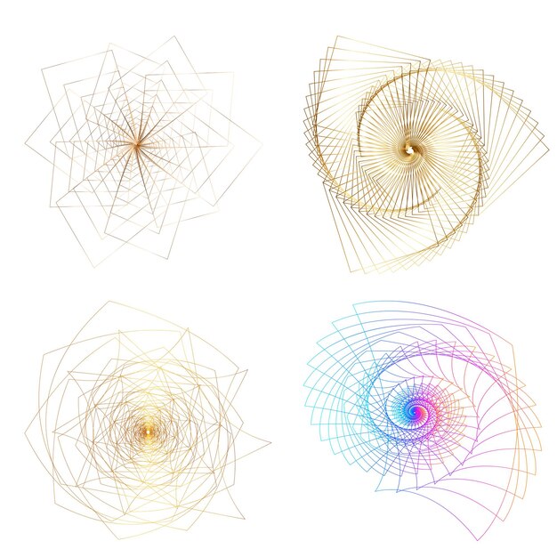 Blend Tool kullanılarak oluşturulmuş birçok ışıltılı girdabın soyut parıltılı dalgalı şeritlerinden yalıtılmış kalın vektör renkleri altın halka olan set design öğesi daire. Sunumunuz için Vektör çizimi EPS10