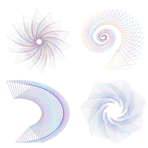 Blend Tool kullanılarak oluşturulmuş birçok ışıltılı girdabın soyut parıltılı dalgalı şeritlerinden yalıtılmış kalın vektör renkleri altın halka olan set design öğesi daire. Sunumunuz için Vektör çizimi EPS10
