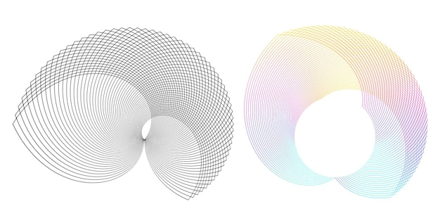 Blend Tool kullanılarak oluşturulmuş birçok ışıltılı girdabın soyut parıltılı dalgalı şeritlerinden yalıtılmış kalın vektör renkleri altın halka olan set design öğesi daire. Sunumunuz için Vektör çizimi EPS10