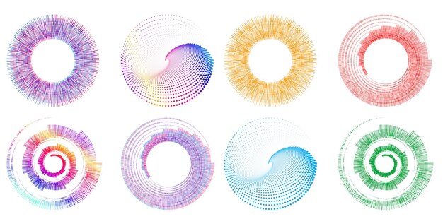 Blend Tool kullanılarak oluşturulmuş birçok ışıltılı girdabın soyut parıltılı dalgalı şeritlerinden yalıtılmış kalın vektör renkleri altın halka olan set design öğesi daire. Sunumunuz için Vektör çizimi EPS10