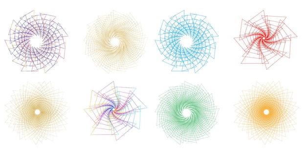 Blend Tool kullanılarak oluşturulmuş birçok ışıltılı girdabın soyut parıltılı dalgalı şeritlerinden yalıtılmış kalın vektör renkleri altın halka olan set design öğesi daire. Sunumunuz için Vektör çizimi EPS10