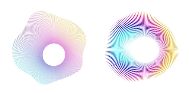 Blend Tool kullanılarak oluşturulmuş birçok ışıltılı girdabın soyut parıltılı dalgalı şeritlerinden yalıtılmış kalın vektör renkleri altın halka olan set design öğesi daire. Sunumunuz için Vektör çizimi EPS10
