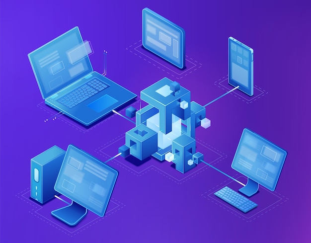 Blockchain isometric concept banner with a modern digital technology network design Vector illustra