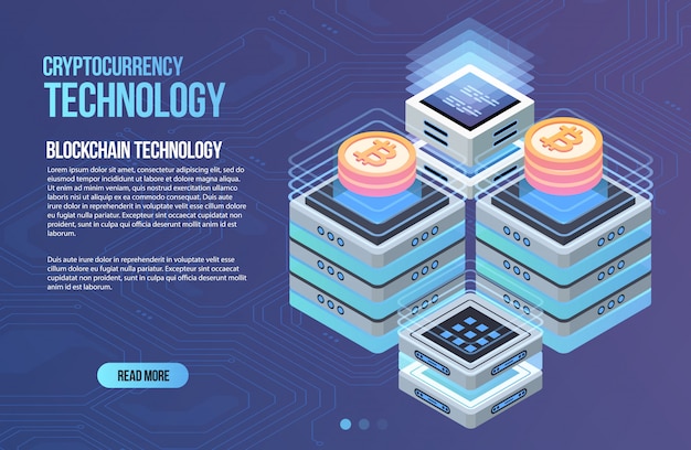 Blockchain-nätverk affärsmall. Kryptovaluta och blockchain isometrisk komposition. Mining Abstrakt Teknik. Digitalt pengasystem. Layout för webb och app.