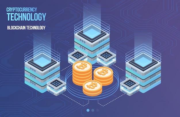 Blockchain-nätverk affärsmall. Kryptovaluta och blockchain isometrisk komposition. Mining Abstrakt Teknik. Digitalt pengasystem. Layout för webb och app.