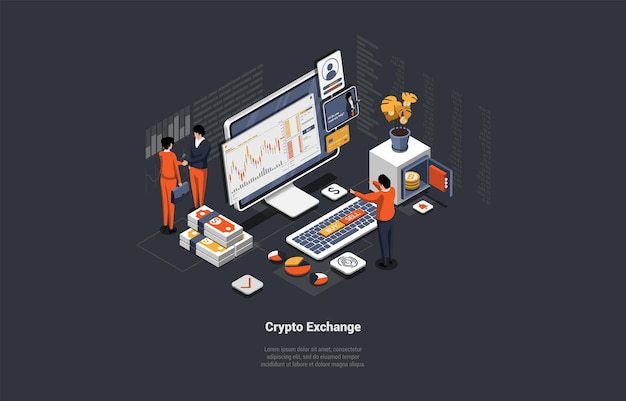 blockchain technology bitcoin altcoins buy and sell cryptocurrency concept characters trade futures crypto on stock market exchange services with convenient app isometric 3d vector illustration